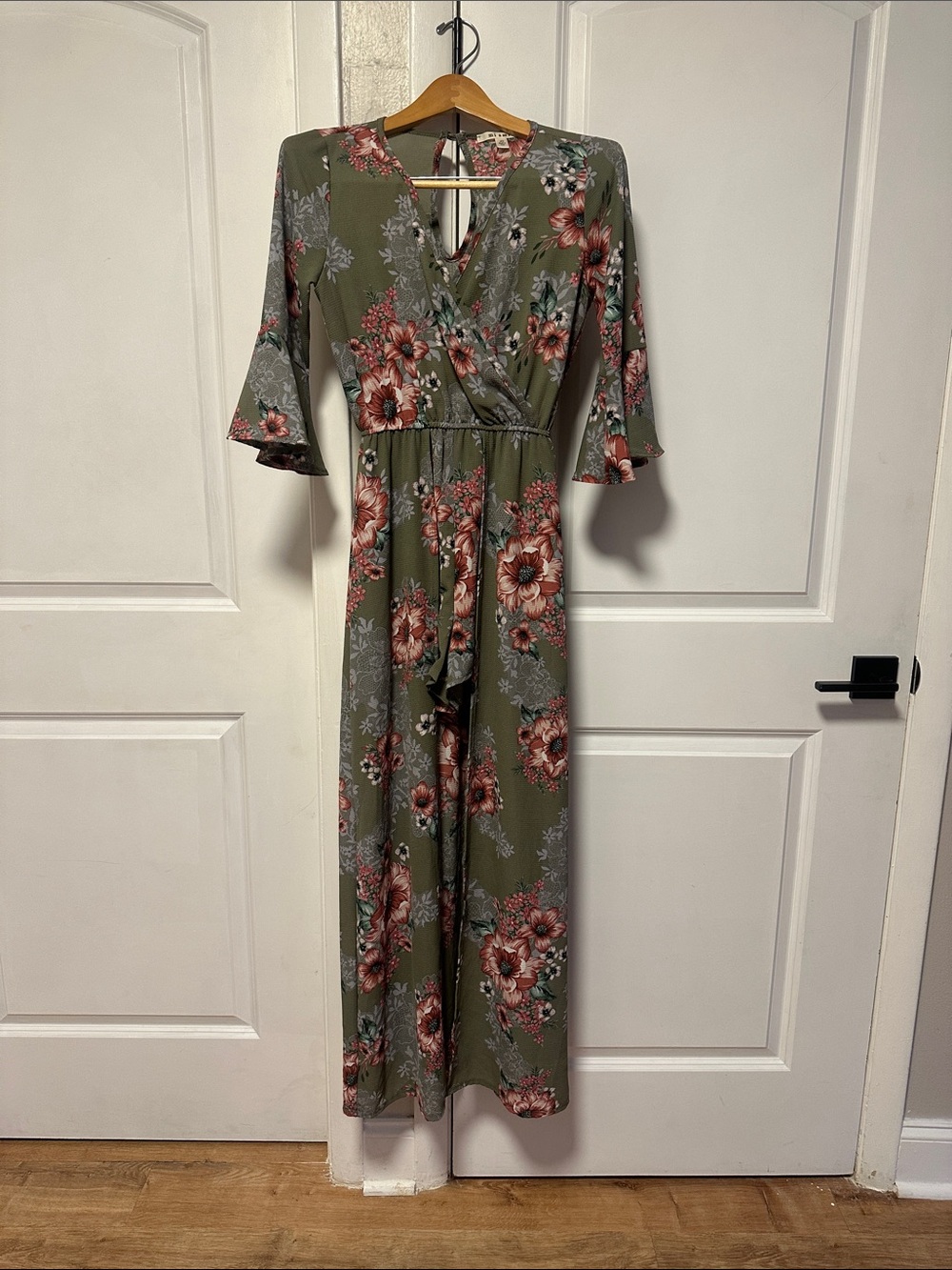Miami Olive Floral Wrap Romper skort with Ruffle Sleeves